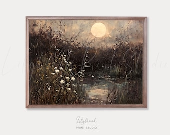Stimmungsvolle Wildblumenwiese: Nachtlandschaft Ölgemälde (Digitaler Download)