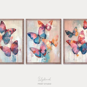 Set of 3 Butterfly Prints, Printable Wall Art, Butterfly Print 3 Piece Set, Abstract Prints, Nursery Decor, Girls Room Decor, Digital Art