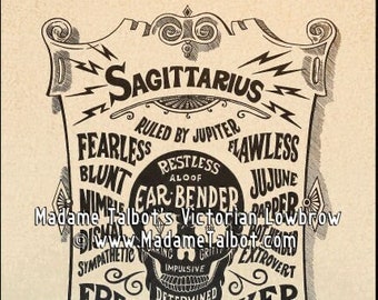 Pode incluir: Um pôster vintage em preto e branco com uma ilustração de caveira e o texto "Sagitário" e "Regente de Júpiter". O pôster lista os traços associados ao signo do zodíaco Sagitário, incluindo "Intrépido", "Inquieto", "Impecável", "Brusco", "Dobrador de orelhas", "Juju", "Ágil", "Audacioso", "Grit", "Compassivo", "Impulsivo", "Determinado", "Buscador de liberdade", "Mal-entendido", "Extremo", "Némesis", "Fogo infernal", "Prolífico".