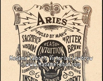 Pode incluir: Uma ilustração em preto e branco de um signo do zodíaco de Áries com uma caveira no centro. A ilustração é cercada por texto que descreve os traços de um Áries, incluindo "sacrifício", "razão", "escritor", "sabedoria", "intuição", "corajoso", "inspiração", "independente", "o deus da guerra", "metafísico", "harmonia" e "elegância".