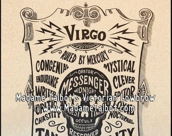 Pode incluir: Um pôster vintage em preto e branco com o signo astrológico Virgem. O pôster apresenta uma caveira com as palavras "Tangible Reality" e "Psychometric Gifts" ao seu redor. O pôster também inclui as palavras "Ruled by Mercury", "Messenger", "Orator", "Midnight", "Clever", "Editor", "Occult", "Reserved", "Nocturnal", "Perfectionist", "Pretentious", "Intuition", "Congenial", "Endurance", "Writer", "Chasity", "Desi", "Timi".