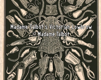 Póster de amputación médica victoriana de baja calidad con exhibición de prótesis antiguas