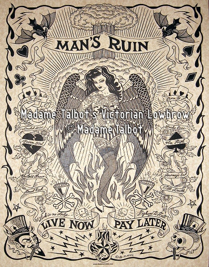 Man's Ruin Burlesque Pin up Hellish Hot Rod Lowbrow Parchment