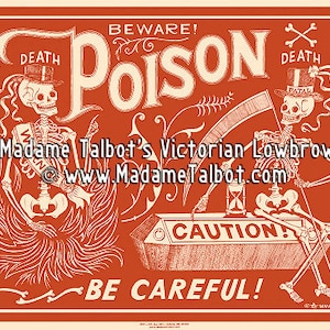 Red Poison Label Skeleton Beware Poster Madame Talbot's Victorian Lowbrow image 1