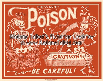 Red Poison Label Skeleton Beware Poster Madame Talbot's Victorian Lowbrow