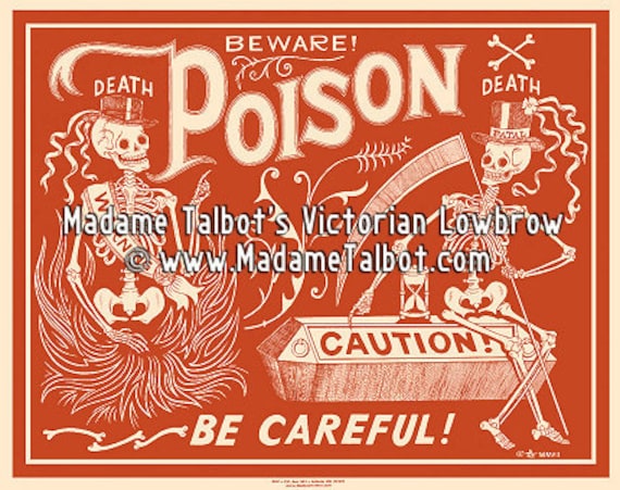 Red Poison Label Skeleton Beware Poster Madame Talbot's Victorian