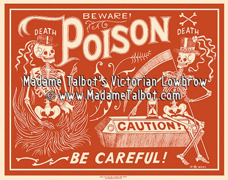 Red Poison Label Skeleton Beware Poster Madame Talbot's Victorian Lowbrow image 1