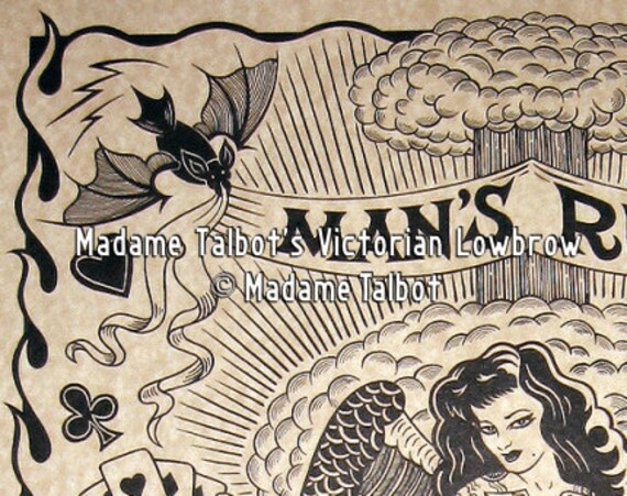 Man's Ruin Burlesque Pin up Hellish Hot Rod Lowbrow Parchment