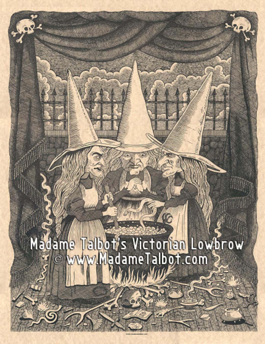 Macbeth Trinity of Witches Old Crones Parchment Gothic Lowbrow