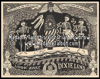 May include: Black and white illustration of a band of skeletons playing music on a stage. The skeletons are dressed in military uniforms and are playing a violin, drums, and a flute. The stage is decorated with a coffin draped in an American flag and the words "Look Away" and "Dixie Land".