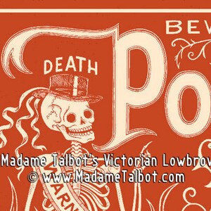 Red Poison Label Skeleton Beware Poster Madame Talbot's Victorian Lowbrow image 2