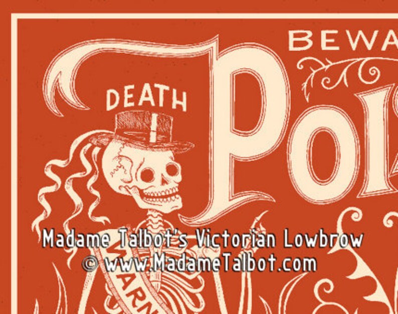 Red Poison Label Skeleton Beware Poster Madame Talbot's Victorian Lowbrow image 2