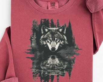Retro sweatshirt met wolf-print: comfortabele kleuren jaren 90-stijl ronde hals