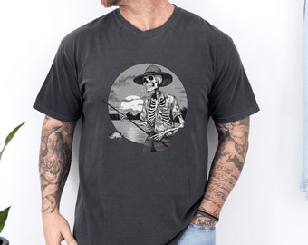 Comfort Colors Skeleton Fishing T-Shirt: Retro Halloween Fisherman Tee