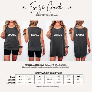 May include: A size guide for a Comfort Colors 9360 heavyweight adult tank top. The image displays four views of the tank in charcoal gray, labeled Small and Large. A table provides width and length measurements in inches for sizes XS to 3XL.