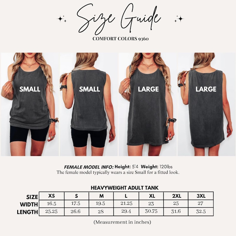 May include: A size guide for a Comfort Colors 9360 heavyweight adult tank top. The image displays four views of the tank in charcoal gray, labeled Small and Large. A table provides width and length measurements in inches for sizes XS to 3XL.