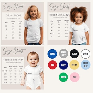 Puede incluir: Tablas de tallas para camisetas y bodies infantiles. La imagen incluye tablas de tallas para Gildan 5000B, Rabbit Skins 3321 y Rabbit Skins 4424. Tambi&eacute;n se muestran muestras de color, incluyendo Royal, Sport Grey, Black, White, Red, Navy, Butter, Light Blue, Green y Pink.