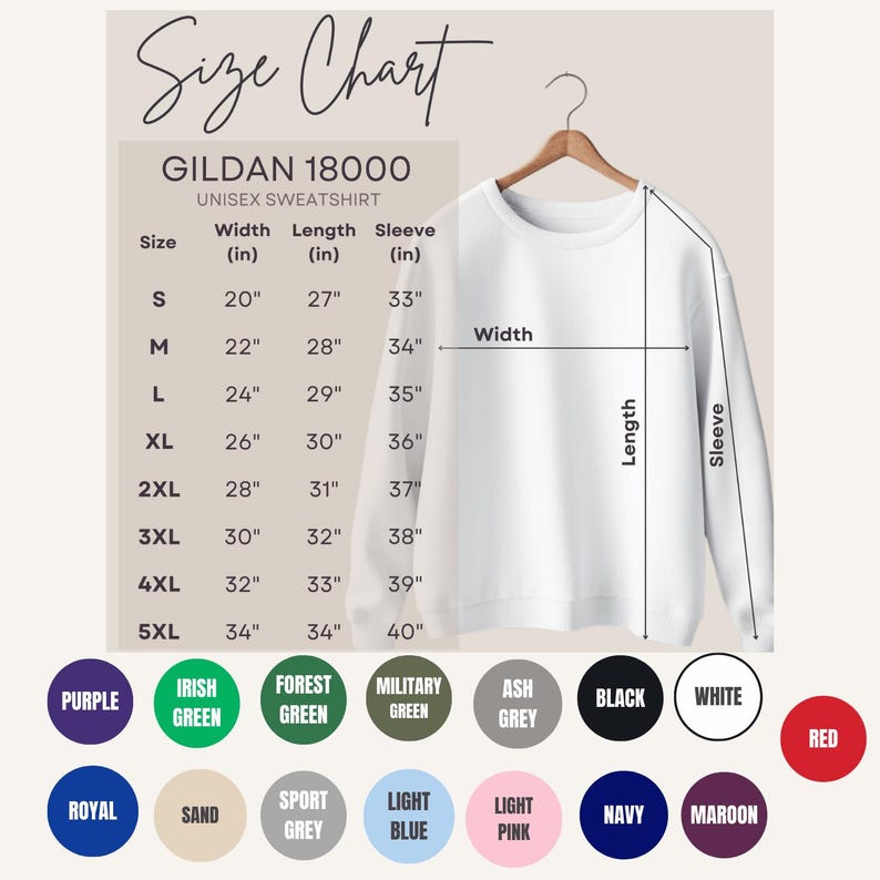 Puede incluir: Una sudadera unisex blanca Gildan 18000 cuelga de una percha de madera. La imagen incluye una tabla de tallas con medidas en pulgadas para el ancho, largo y largo de la manga, junto con muestras de color.