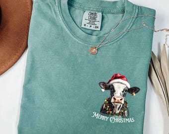 Comfort Colors® Christmas Cow shirt, Cow Lights shirt, Cow Women tshirt, Cow Lover gift,  Funny Christmas Shirt, Farm Christmas Shirt
