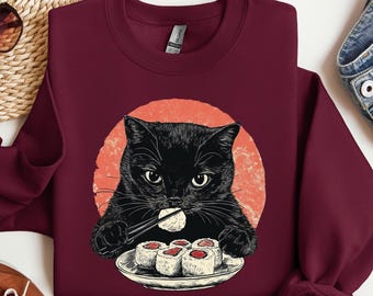 Cat Eating Sushi Shirt or Sweatshirt, Kawaii Japanese Cat Tee, Funny Anime Cat Lover Gift, Cute Manga Cat Mom Top