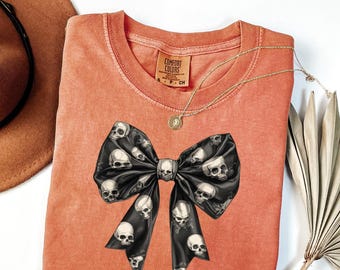 Comfort Colors Halloween Skull Shirt Halloween Coquette Bow Shirt Ghost Halloween Halloween Shirt Spooky Season Tee Girly Halloween Shirt