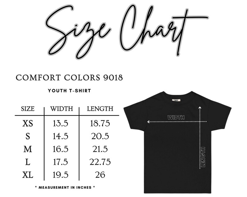 Puede incluir: Tabla de tallas de camiseta juvenil negra con medidas en pulgadas. La tabla incluye tallas XS a XL, con las medidas de ancho y largo correspondientes. El texto "Size Chart" est&aacute; en la parte superior, con "Comfort Colors 9018" y "Youth T-Shirt" debajo.