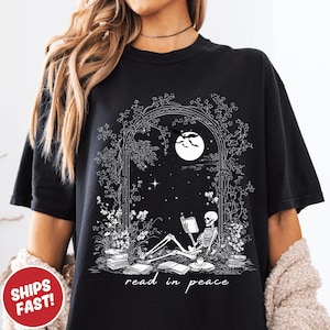 Read in Peace T-Shirt Comfort Colors, Skeleton Book Shirt, Funny Reading T-Shirt, Gift For Bookworm, Bookish Halloween Tee, Book Lover Gift