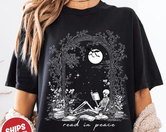 Read in Peace T-Shirt Comfort Colors, Skeleton Book Shirt, Funny Reading T-Shirt, Gift For Bookworm, Bookish Halloween Tee, Book Lover Gift