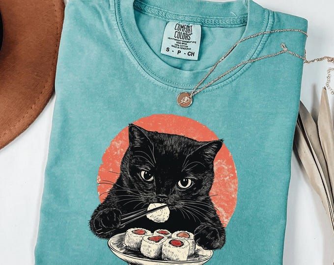Comfort Colors® Cat eating Sushi T-shirt, Cat Lover Gift, Japanese Sushi Cat, Kawaii Cat Shirt, Anime Manga Tee, Funny Cat Tee, Cat Mom Tee