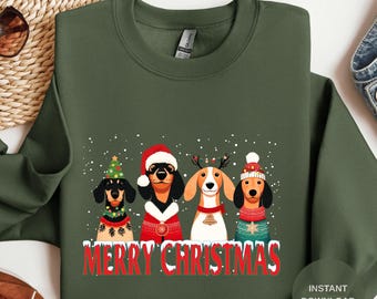 おもしろクリスマス犬PNG、ダックスフントママ犬クリップアート、かわいいホリデー子犬PNG、ペット愛好家向け昇華デザイン、犬のクリスマスアート