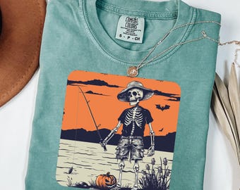 Comfort Colors Skeleton Fishing Shirt: Halloween Angler Tee