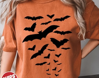 Camiseta de murciélago de Halloween de Comfort Colors: Camiseta de otoño espeluznante