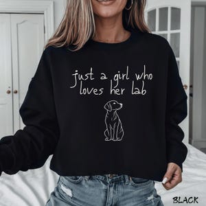 Puede incluir: Sudadera negra con la frase "just a girl who loves her lab" en fuente manuscrita. Un contorno blanco de un Labrador Retriever est&aacute; debajo del texto. La palabra "BLACK" est&aacute; en la esquina inferior derecha.
