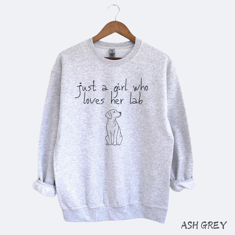Puede incluir: Sudadera gris ceniza con el texto "just a girl who loves her lab" en escritura negra. Un dibujo lineal en blanco y negro de un Labrador Retriever est&aacute; debajo. La sudadera tiene cuello redondo y mangas largas.