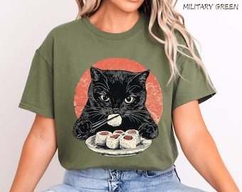 Cat Eating Sushi Shirt or Sweatshirt, Kawaii Japanese Cat Tee, Funny Anime Cat Lover Gift, Cute Manga Cat Mom Top