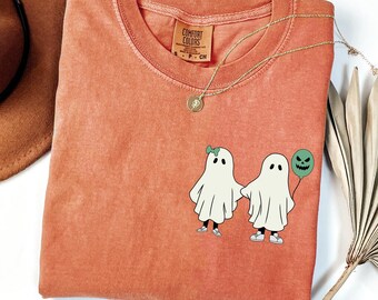 Comfort Colors® Cute Ghost lovers Halloween Shirt, Ghost party Halloween Shirt, Girly Ghost Bow TShirt Funny Halloween Shirt Spooky Season