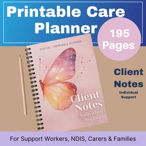 Pode incluir: Um planejador de cuidados em espiral rosa com um design de borboleta na capa. A capa diz "Client Notes" e "Individual Support". O planejador tem 195 páginas e é projetado para trabalhadores de apoio, cuidadores e famílias.