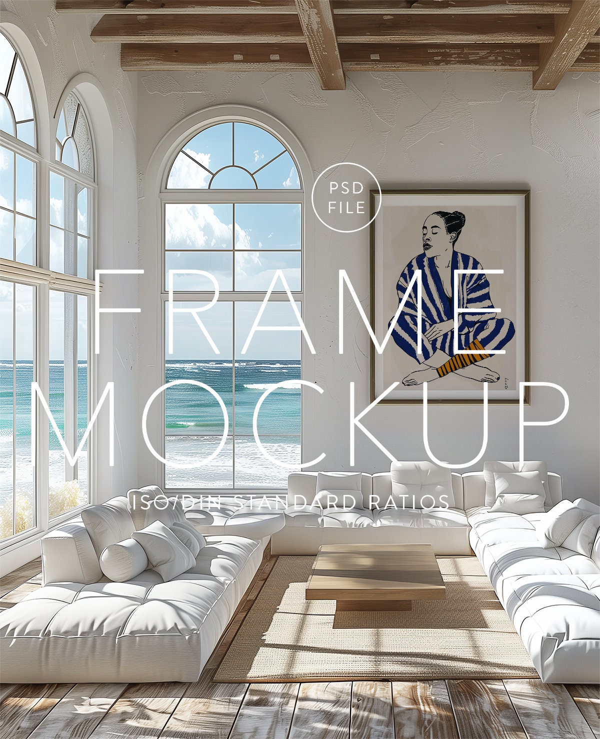 Beach House Frame Mockup, ISO / DIN A Ratio, PSD Photoshop file, Wood Frame, Interior Frame, Vertical glass reflection mockup, Poster mockup