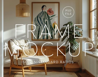 Picture Frame Mockup, Living Room,  ISO / DIN A Ratio, PSD Photoshop file, Wood Frame, Boho Style, Interior Frame, Vertical glass mockup