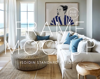 Beach House Frame Mockup, ISO / DIN A Ratio, PSD Photoshop file, Wood Frame, Interior Frame, Landscape glass mockup, Poster mockup