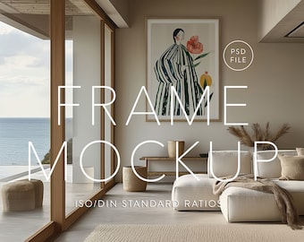 Beach House Frame Mockup, ISO / DIN A Ratio, PSD Photoshop file, Wood Frame, Boho Style, Interior Frame, Vertical glass reflection mockup