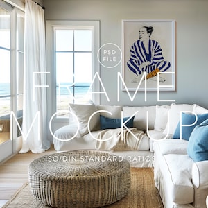 Beach House Frame Mockup, ISO / DIN A Ratio, PSD Photoshop file, Wood Frame, Interior Frame, Vertical glass reflection mockup, Poster mockup