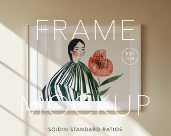 Minimalistic Frame Mockup, ISO / DIN A Ratio, PSD Photoshop file, Wood Frame, Interior Frame, Horizontal Landscape glass reflection mockup