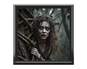May include: A woman with long, dark hair and white eyes stands in a dark forest. She is wearing a tattered dress and has vines wrapped around her head. She looks frightened and is holding onto a tree trunk.