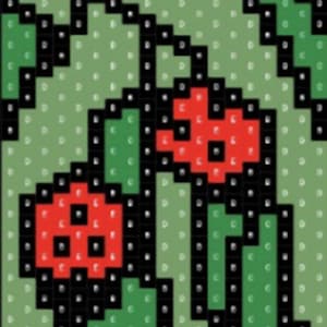 May include: Pixelated image of two red flowers with black centers and black dots, surrounded by green leaves and a light green background. The design is reminiscent of cross-stitch or beadwork.