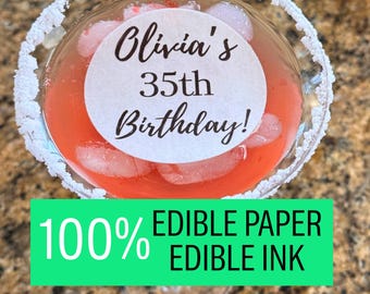 Edible Birthday Drink Toppers for Cocktails, Custom Name & Age Wafer Paper Toppers