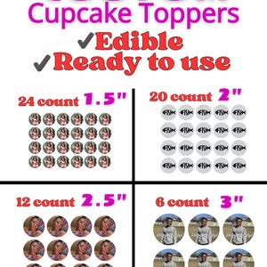 May include: Custom cupcake toppers with the text "Edible" and "Ready to use." The image shows four sets of toppers: 24 count at 1.5 inches, 20 count at 2 inches, 12 count at 2.5 inches, and 6 count at 3 inches. Each topper has a photo.