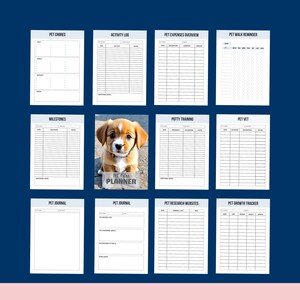 May include: A printable pet care planner with sections for pet chores, activity log, expenses, walk reminders, milestones, potty training, vet visits, journal, research websites, and growth tracker. The planner features a cute puppy on the cover.