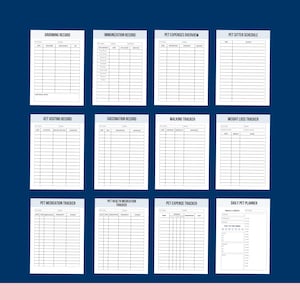 May include: A set of printable pet trackers and planners. The trackers include grooming, immunization, vet visits, vaccination, walking, weight loss, medication, and pet expenses. The planners include a daily pet planner and a pet expense tracker.