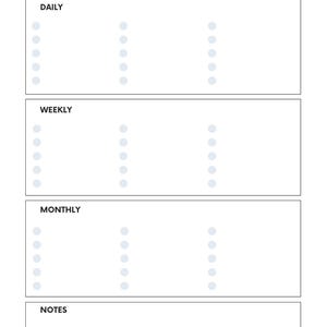 May include: A printable checklist for pet vacation chores. The checklist is divided into three sections: Daily, Weekly, and Monthly. Each section has a list of blank circles for users to fill in their own chores. There is also a section for notes.